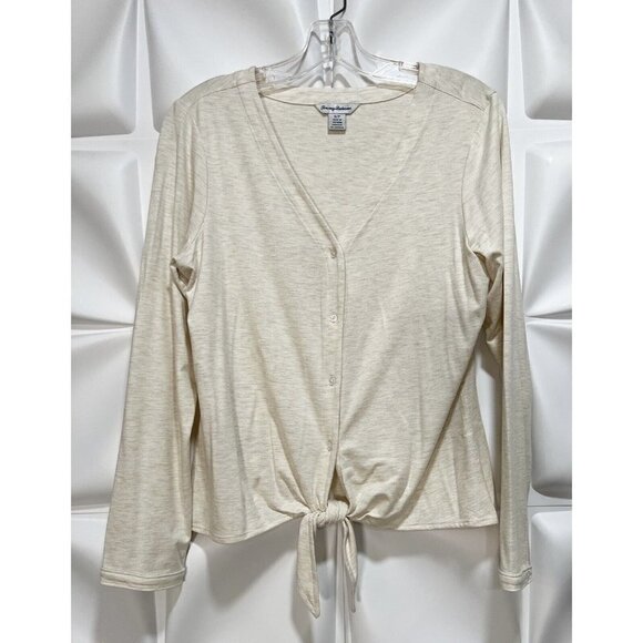 Tommy Bahama Sz S Heathered Sand Beige Tie Front Knot Button Up Top V Neck Tee - Picture 2 of 6